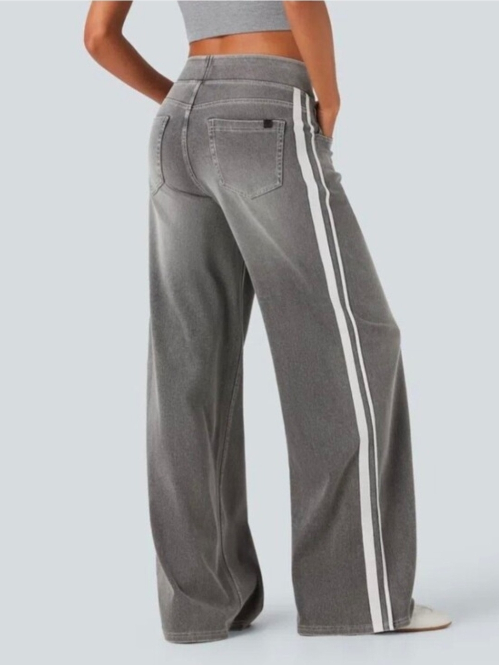 HALARA Gray Wide-Leg Jeans with White Side Stripes